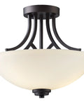 Three Light Semi-Flush Ceiling Mount In Oil Rubbed Bronze With Flat Opal Glass Shade For Kitchen Or Dining Room, Dope Transitional Lighting With Classic Metal Detailing shown from side with opal glass view.