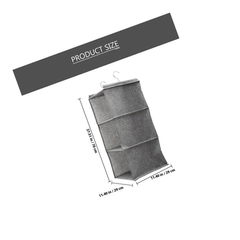 Three Tier Hanging Wardrobe Organizer With Slick Foldable Linen Fabric And Heavy Duty Hooks For Ultimate Closet Space Saving and Dorm Game Changer Essentials dimensions shown, grey fabric design.