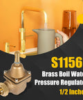 Brass 1/2-inch water pressure regulator for Watts S1156F, front view with inlet and outlet fittings.