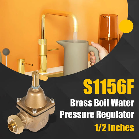 Brass 1/2-inch water pressure regulator for Watts S1156F, front view with inlet and outlet fittings.