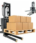 Heavy Duty 661 Lb Electric Pallet Stacker With Adjustable Forks remote control material lift, lifting boxes on a wooden pallet.