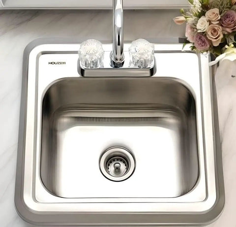 Stainless Steel Bar And Prep Sink For Home Bar And Kitchen, 15 Inch Drop-In Topmount, 2-Hole Design with chrome faucet