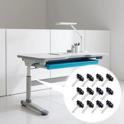 Twelve Pack Of Quarters Twenty By One Inch Star Thumb Screws With Knurled Faces providing visible assembly ease under desk.