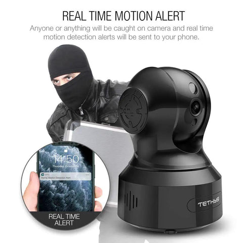 Indoor Wireless Security Camera 1080P With Alexa, showing motion detection alert on phone screen and camera design