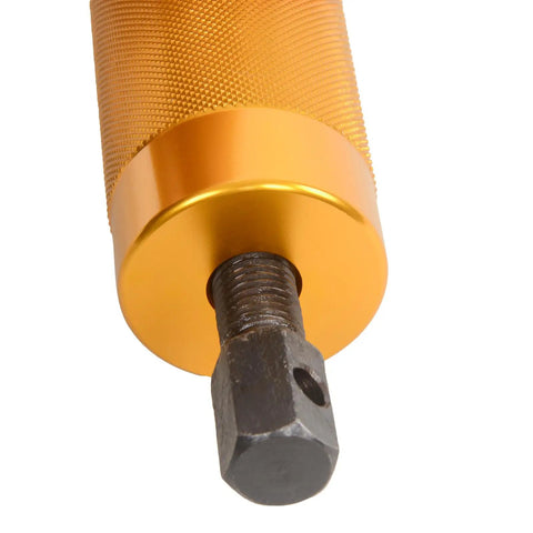 Close-up of the Heavy Duty Badass Wrist Pin Puller Kit For Small Engines Top Shelf Aluminum Alloy Piston Remover with gold grip.