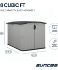 98 cu ft weatherproof resin storage shed with floor, Glidetop sliding lid, shown in gray, ideal for bikes and lawn equipment storage.
