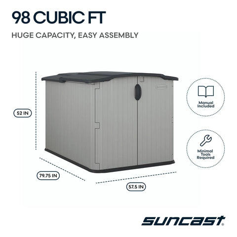 98 cu ft weatherproof resin storage shed with floor, Glidetop sliding lid, shown in gray, ideal for bikes and lawn equipment storage.