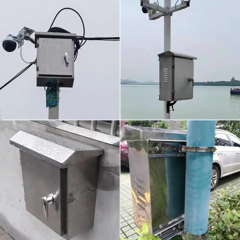 Outdoor Electrical Box 16 X 12 X 8 In NEMA 4X Stainless Steel Enclosure Weatherproof IP65 mounted on poles and walls.