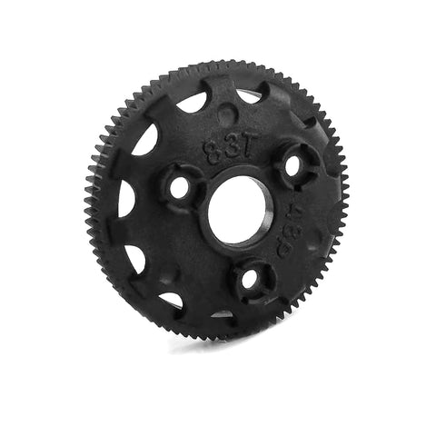 Close-up of 48P 83T Spur Gear 4683 Upgrade for one tenth scale RC models, showing durable nylon construction and design.