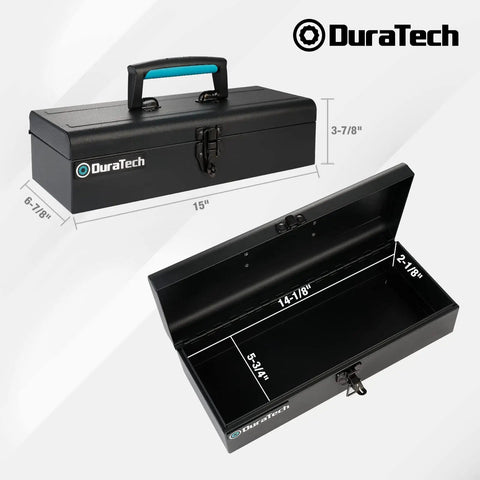 Built Different 15 Inch Carbon Steel Tool Box With Secure Metal Latch Heavy Duty Handheld Case For Garage Setup And Crew Calls Anti Corrosion Finish Keeps Essential Gear Locked