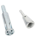 Pro Grade Power Drill Wire Stripper Adapter For Electricians with hexagonal and funnel-shaped attachments, silver metal finish.
