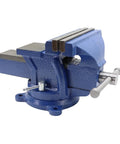 10 Inch Heavy Duty Cast Iron Bench Vise With 360 Degree Swivel Lock Base Chrome Spindle And Nuts Quenched Jaw For Extra Hard Grip Non Slip Textured Jaw Surface Built For Pro Shop Quality Bench Work, blue