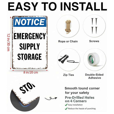 Notice Emergency Supply Storage Vintage Metal Wall Art Signs For Home Kitchen Garage And Patio Built From Rust Resistant Aluminum For Indoor Outdoor Use Keeps Your Space Organized With Classic Industrial Vibe, 8x12 in