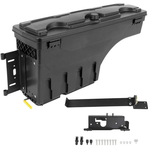 Top Shelf Swing Storage Toolbox For Dodge Ram 1500 2500 3500 Left Side Bolt On Manual Fold Black ABS Plastic with hardware.