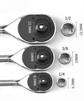 Six Piece Socket Adapter And Reducer Set For One Quarter, Three Eighths, And One Half Inch Drives With Must Have Pro Grade Conversions And Impact Ready Chrome Vanadium Steel Construction, showing three different socket wrenches and adapters labeled with sizes.