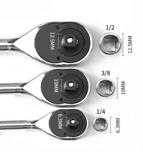 Six Piece Socket Adapter And Reducer Set For One Quarter, Three Eighths, And One Half Inch Drives With Must Have Pro Grade Conversions And Impact Ready Chrome Vanadium Steel Construction, showing three different socket wrenches and adapters labeled with sizes.