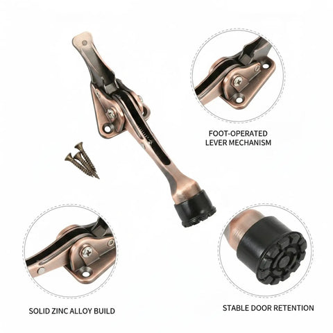 Foot Activated Door Stop With Weighted Zinc Alloy Base showing lever mechanism and details for hands free entry