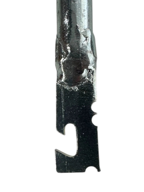 Close-up of metal exhaust spring removal tool head with hook notch