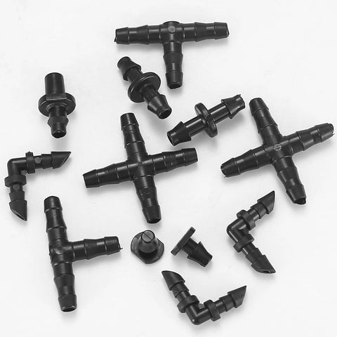 Drip irrigation fittings kit, 300 pieces, black plastic barbed connectors for 1/4 inch tubing including tees and elbows.