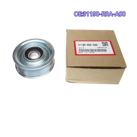 High Performance 31190 Rra A02 Belt Tension Pulley Idler with 74mm diameter, stainless steel construction, and packaging for Honda engines.