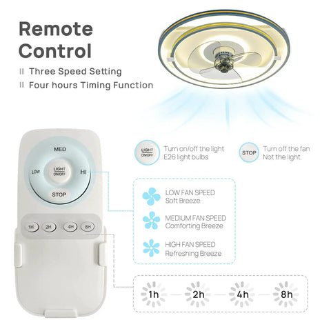 Remote control for Bladeless Low-Profile Ceiling Fan With Lights Remote Control Dimmable LED Smart Round Enclosed Ceiling Fan For Bedroom 3 Speeds 4 Timing Options 3 Colors Modern Acrylic And Iron Finish, showing speed and timer settings.