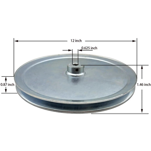 Single Groove V Belt Pulley With 12 Inch Outside Diameter And 5 8 Inch Bore, zinc plated carbon steel, side view with dimensions.