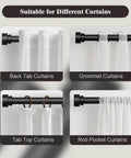 Built Tough Heavy Duty Metal Curtain Rod Set For Windows 66 To 120 Inches Adjustable 1 Inch Pole Inner Rods For Extra Strength Supports Up To 33 Pounds Ideal For Indoor Outdoor Use In Living Room Kitchen showing compatibility with different curtain types.
