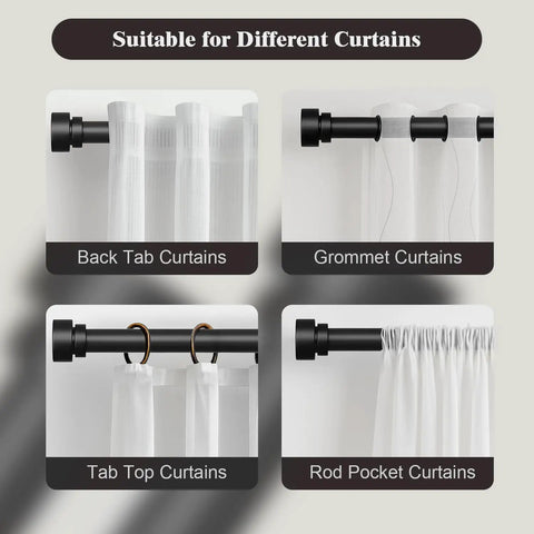 Built Tough Heavy Duty Metal Curtain Rod Set For Windows 66 To 120 Inches Adjustable 1 Inch Pole Inner Rods For Extra Strength Supports Up To 33 Pounds Ideal For Indoor Outdoor Use In Living Room Kitchen showing compatibility with different curtain types.
