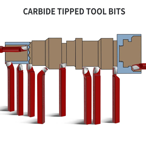 Carbide-tipped tool bits set, 11 pieces, red handles for metal lathe turning, boring, and chamfering.