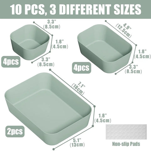 Green Plastic Drawer Organizer Set, 10 Piece Storage Bins showing 3 sizes with dimensions for makeup vanity bathroom office kitchen