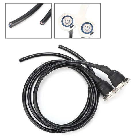 Dual Stainless Steel Handlebar Headlight Switch With Bright Blue LED Power Indicator, wiring and buttons detail view