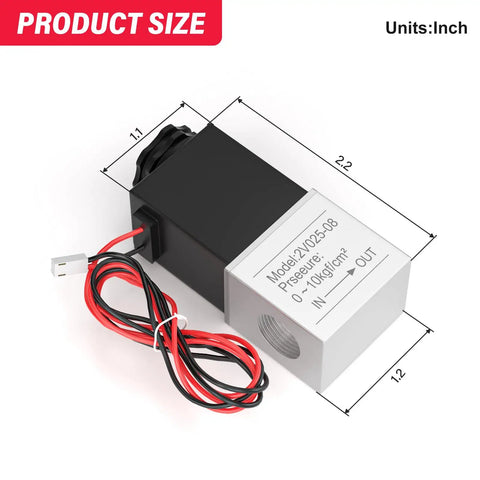 12V DC 1/4 Inch NPT 2 Way 2 Position Normally Closed Solenoid Air Valve For Pneumatic Systems Model 2V025-08 with labeled product dimensions