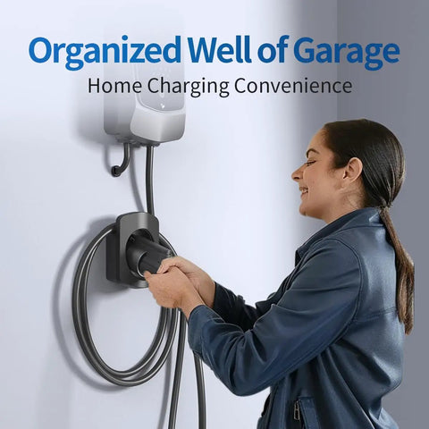Hella Secure Ev Charger Holder Wall Mount For Sae J1772 Type 1 Cable Organizer mounted on wall with user handling cable.