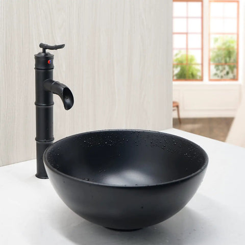Matte Black Ceramic Vessel Sink With Deck Mounted Waterfall Faucet, Round Wash Basin, Bamboo Style Brass Mixer Tap For Modern Home Bath