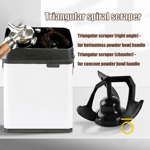 Heavy Gauge Stainless Steel Electric Portafilter Cleaner With Built In Knock Box And Scraper Blades For Professional Baristas Slinging Shots Every Single Day Without Fail featuring triangular scrapers for espresso cleanup.
