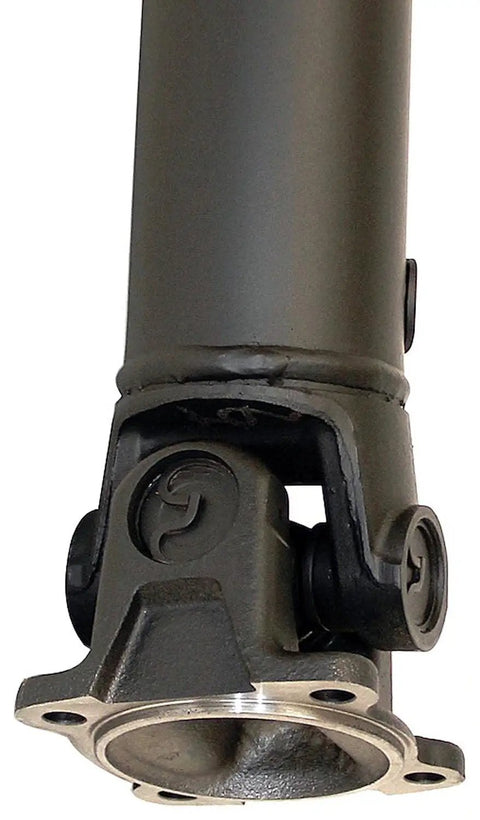 Rear Driveshaft Assembly With Center Support Bearing And Transmission Slip Yoke Direct Fit Replacement Unit, detailed view of universal joint and slip yoke.