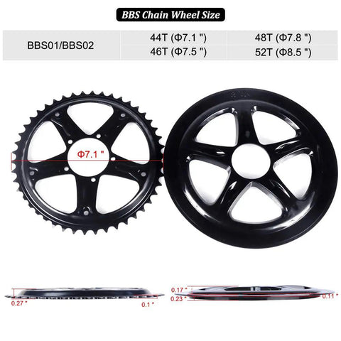 52T Chainring For Mid Drive Ebikes BBS01 BBS02 BBSHD With Guard, showing front and side view dimensions of aluminum chain wheel
