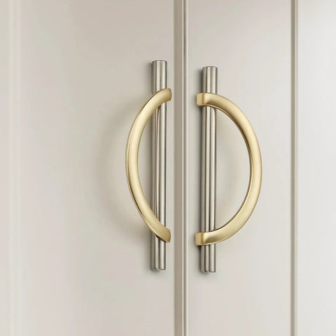 Brushed Brass And Brushed Nickel Cabinet Pulls 5 Inch Center To Center Curved Handles on kitchen cupboard