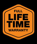 Full lifetime warranty badge on black background, symbolizing product durability and reliability assurance.