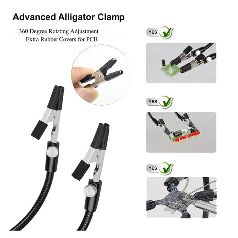 Close-up of alligator clamps on Four Arm Third Hand Soldering Station With Adjustable Gooseneck Arms for electronics work.