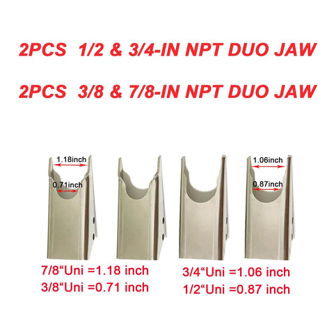 18 Inch Quick Coupler Hand Clamp Carbon Steel With Four Duo Jaw Sets Two By One Half Inch And Three Quarter Inch Two By Seven Eighths Inch And Three Eighths Inch Jaws For Hydraulic Pipe Clamps Quick Mate Coupler Tool For Excavators Tractors And Cranes, showing four duo jaw sets with size measurements in inches