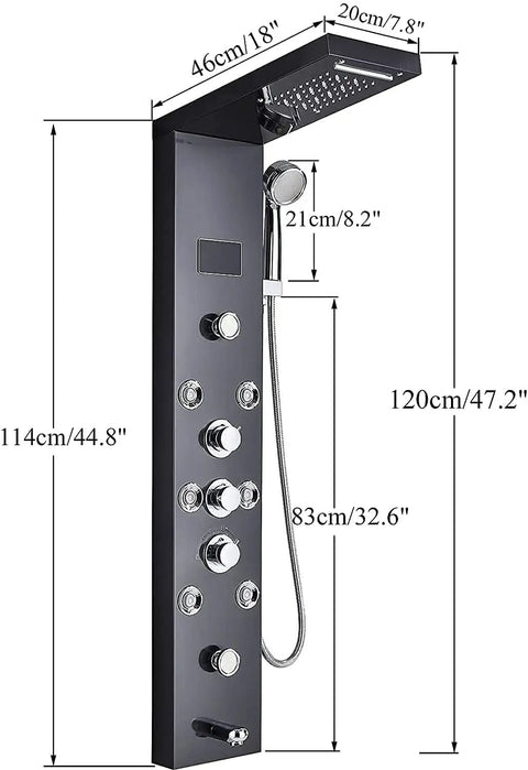 LED Rainfall Shower Panel Tower With Waterfall Handheld Tub Spout And Massage Jets Temperature Display Five Function Spa Upgrade For A Modern Bathroom Makeover With Epic Spa Vibe