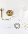 Set Of 2 Dope Hardwired Wall Sconces With White Fabric Shade Vintage Mid Century Brass Finish components on a table
