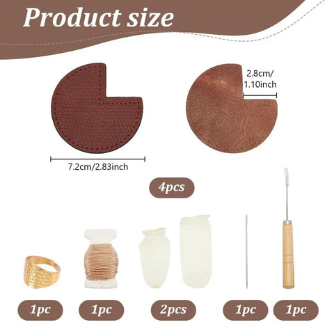 DIY Bag Corner Repair Kit with leather patches, cone needle, thread, and finger cots for repairing purses and leather bags.