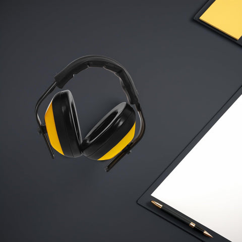Adjustable Yellow Noise Blocking Ear Defenders For Shooting And Industrial Jobs With Slap Up Soundproof Earmuffs on a desk.