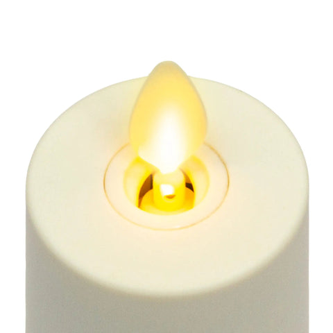 Close-up of Realistic Moving Flame Votive Candles Set Of 2 With Moving Flame LED Battery Powered Lights For Christmas And Halloween Remote Ready Remote Sold Separately Ivory 1.5 Inch By 4 Inch glowing flame