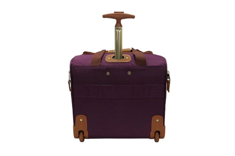 Back view of lightweight 15 inch carry on luggage with dual spinner wheels underseat weekender bag, small purple suitcase