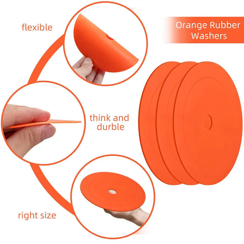 Six Pack Orange Rubber Washers for Low Profile Property Markers and Driveway Survey Stakes Screw in Markers, showing flexibility and thickness.
