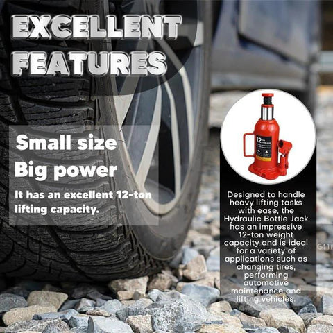 Red 12-ton hydraulic bottle jack with carrying handle inset beside a car wheel on rocky ground.