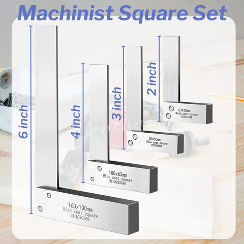 Steel machinist square set with five pieces and wide-base seats in 2–6 inch sizes